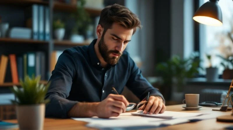Mann liest Foerderunterlagen am Schreibtisch in einem hellen Buero in Aachen