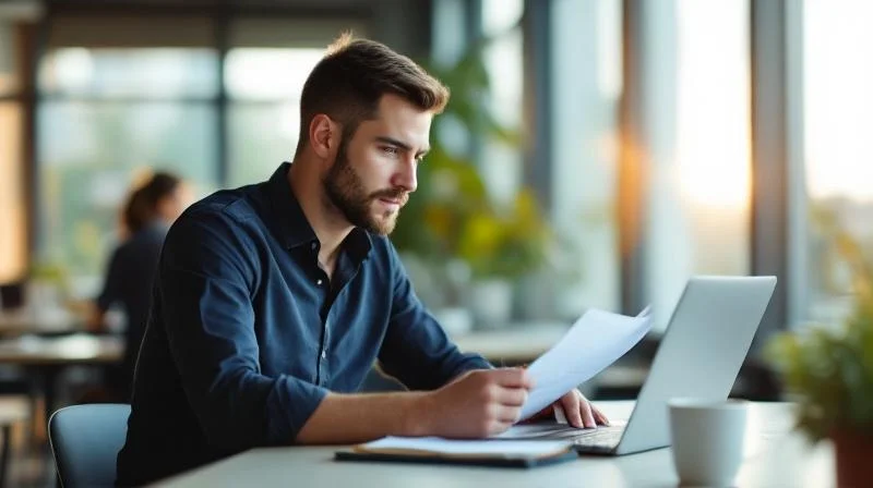 Mann sitzt konzentriert am Laptop in einem modernen Buero in Aachen und prueft Bewerbungsunterlagen
