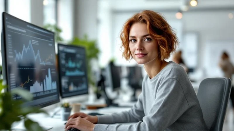 Frau arbeitet konzentriert am Laptop in einem modernen Coworking-Space in Aachen