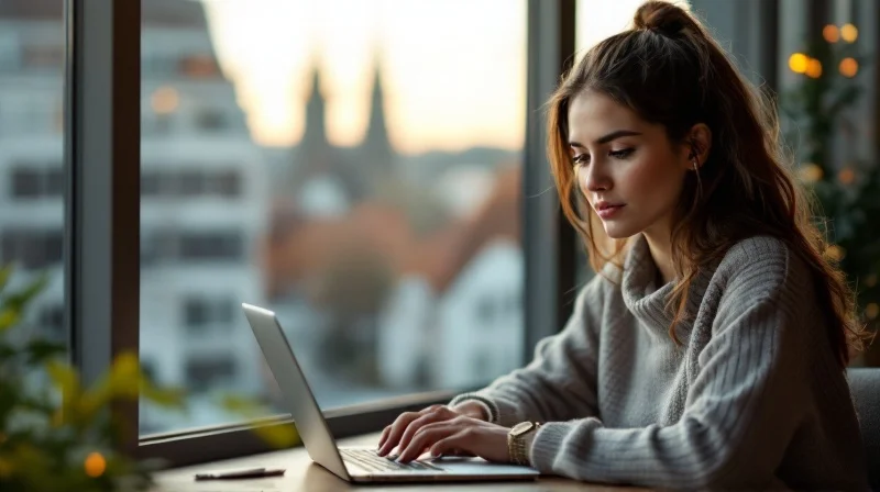 Aachener Angestellte im Coworking-Space mit Laptop, im Hintergrund RWTH-Campus-Architektur