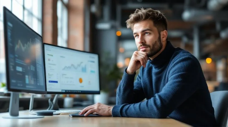 Quereinsteiger in einem modernen Aachener Tech-Inkubator analysiert Daten am Laptop mit Backsteinwand im Hintergrund