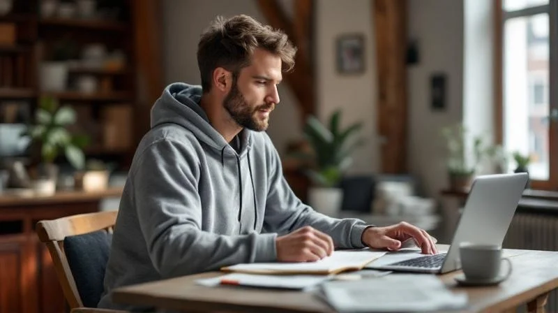 Ingenieur in einer Aachener Altbauwohnung sortiert Steuerbelege für die Werbungskosten-Erklärung am Laptop