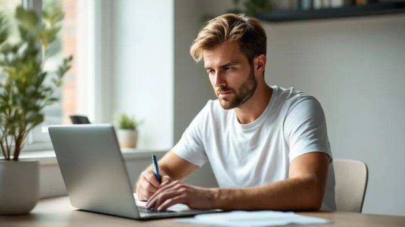 Mann lernt am Schreibtisch in einer modernen Aachener Wohnung
