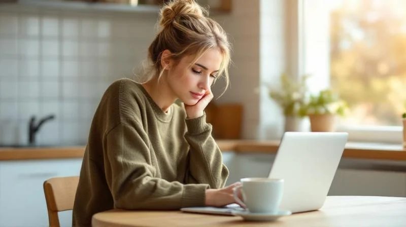 Frau lernt am Laptop in einem hellen Wohnzimmer in Aachen